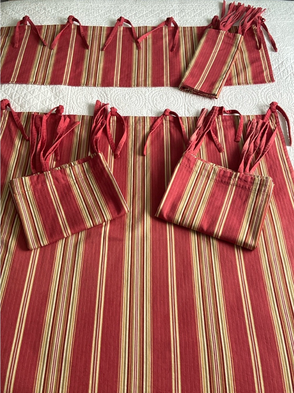 Pottery Barn Hudson Stripe Cafe 3 Curtains And 2 Valances Set Red Tan Cream